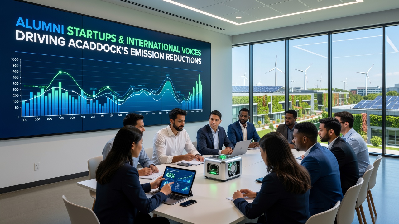 International climate researchers reviewing emission data dashboards during a campus workshop